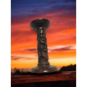 Vintage Kenya African Wooden Wood Candle Holder Hand Carved Candlestick Rare 6”